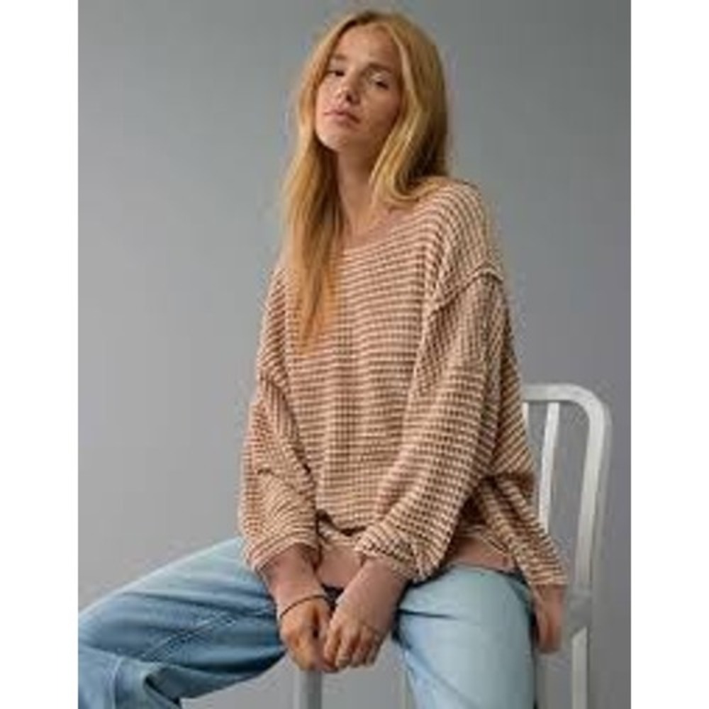 American Eagle Seriously Lived-In Waffle Knit Striped Sweater Tan White Medium